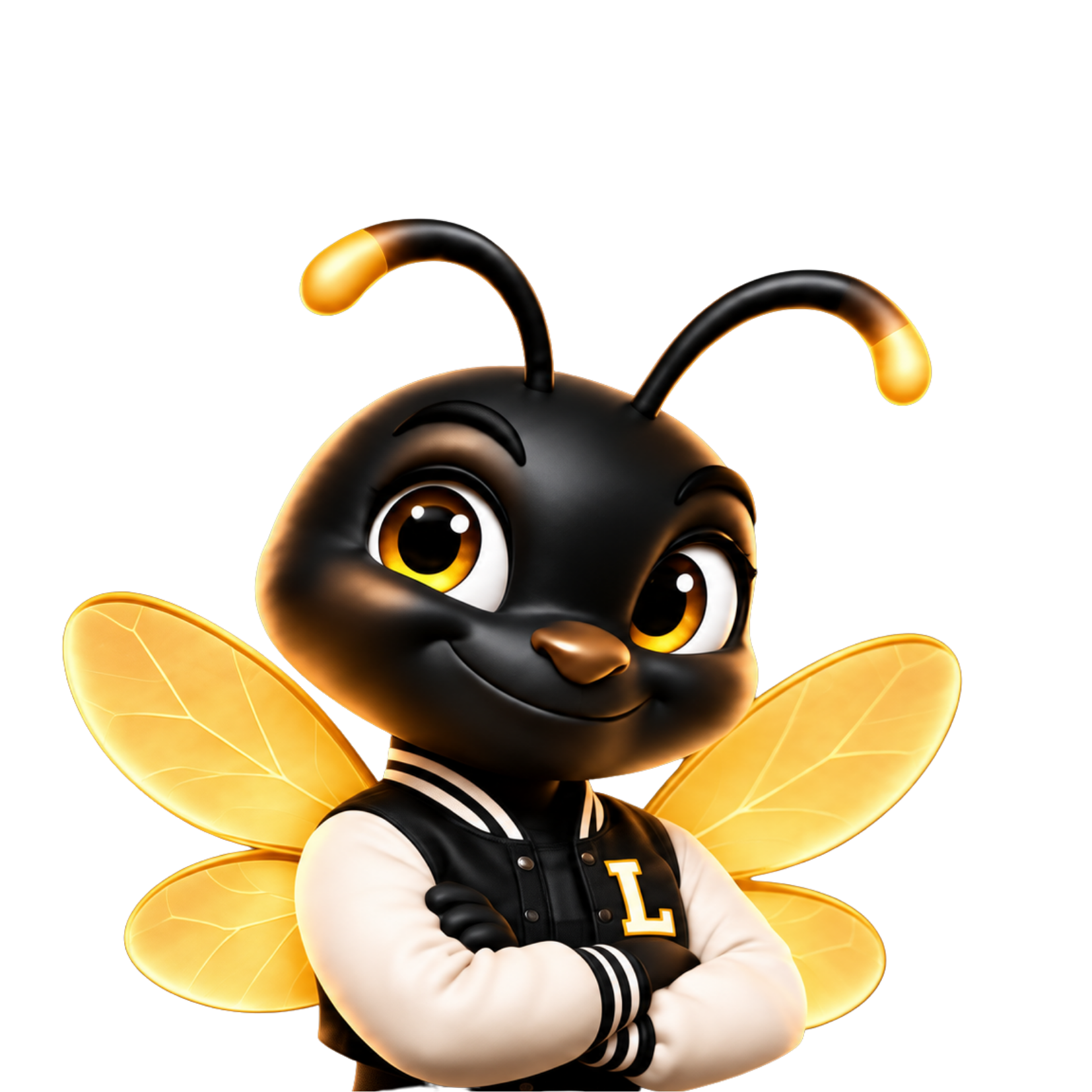 Mascote Lumine, uma abelha sorridente de jaqueta com a letra L